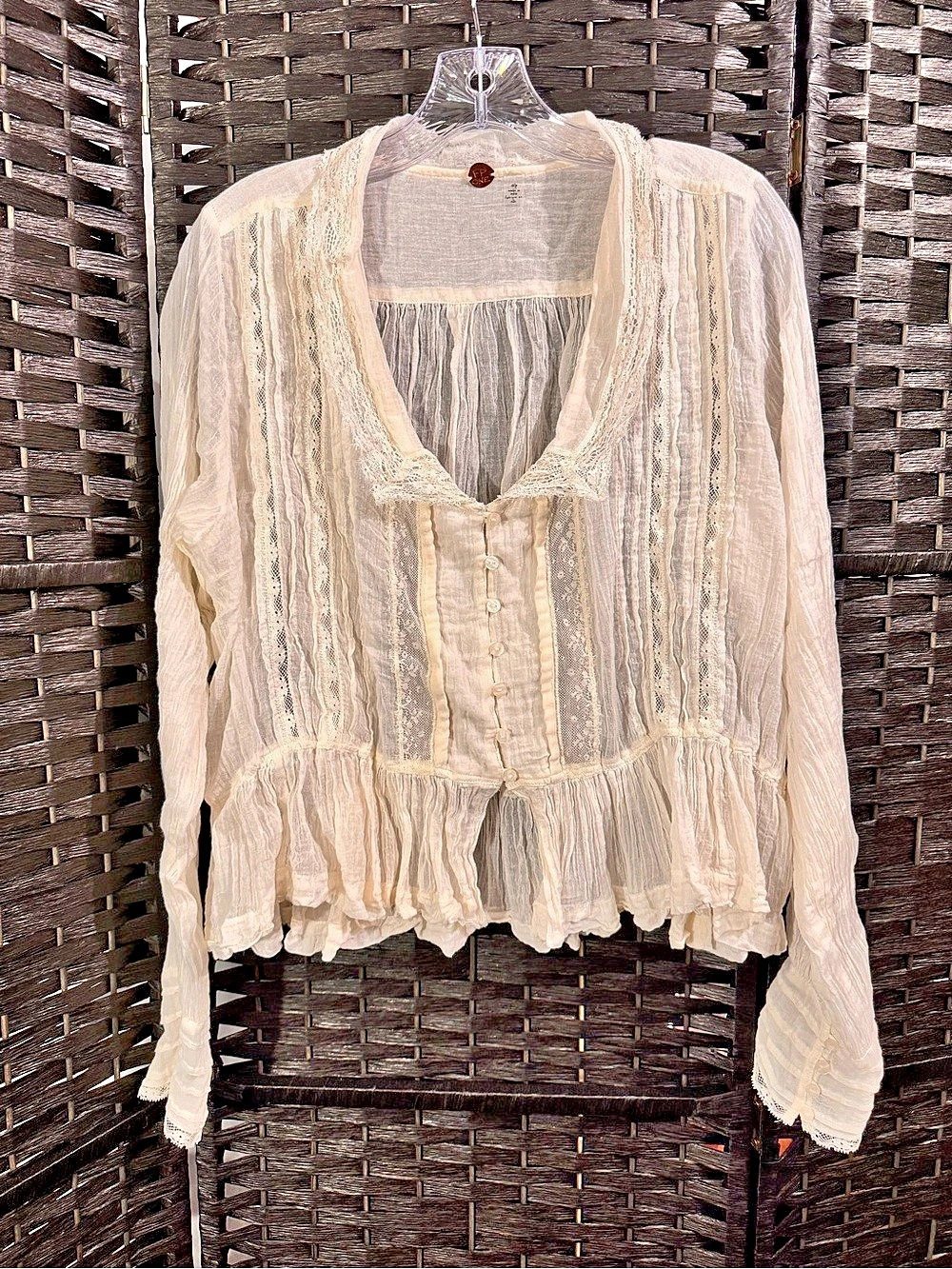 Free People FP One Ivory Lace Pintuck Button Front Ruffle Blouse Small